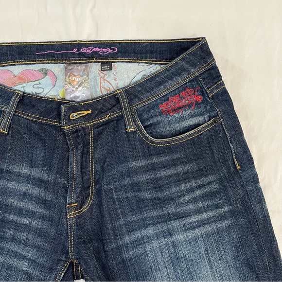 Ed Hardy Jeans Straight Leg Skull Rose Rhinestone Embroidered Painted Size 14 - Picture 7 of 14